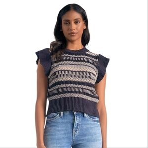 Elan Flutter Sleeve Chunky Striped Knit Pullover Sweater Navy Blue & Gray LG